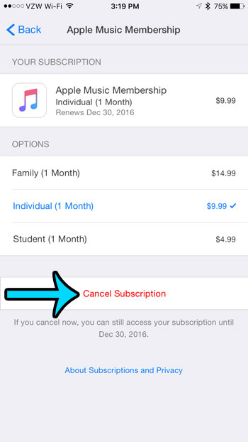 tap the cancel subscription button